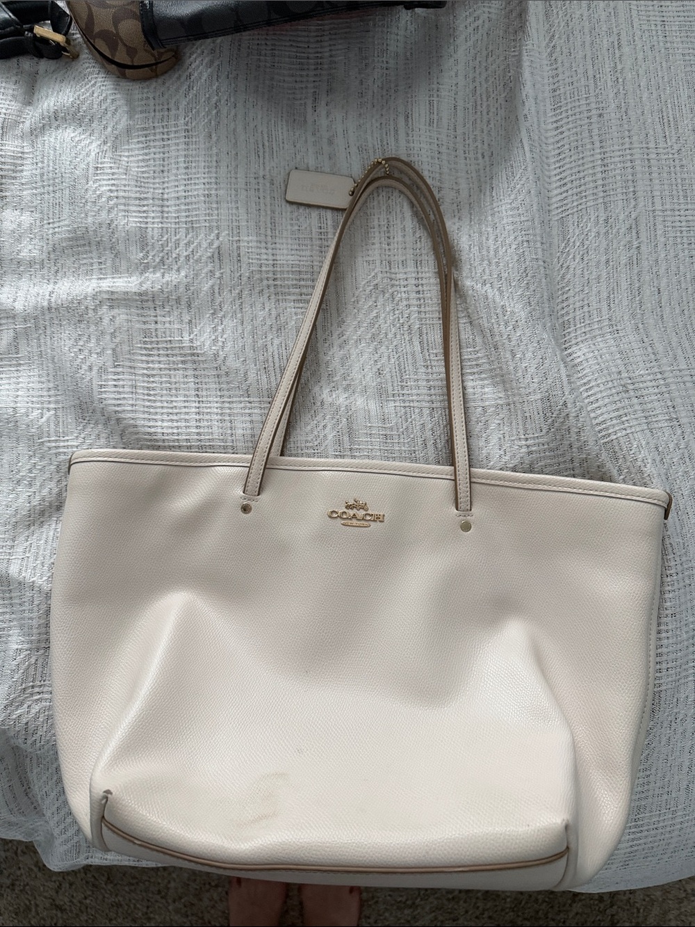 Coach Cream Pebble Leather Tote with Gold Hardware